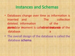 Instances and Schemas
• Databases change over time as information is
inserted and
deleted. information
stored in
The collection
of the
database at
a
particular moment is called an instance of the
database.
• The overall design of the database is called the
database schema.
 