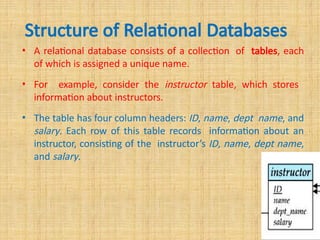Structure of Relational Databases
• A relational database consists of a collection of tables, each
of which is assigned a unique name.
• For example, consider the instructor table, which stores
information about instructors.
• The table has four column headers: ID, name, dept name, and
salary. Each row of this table records information about an
instructor, consisting of the instructor’s ID, name, dept name,
and salary.
 