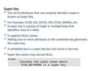 Super Key
 The set of attributes that can uniquely identify a tuple is
known as Super Key.
 For Example, STUD_NO, (STUD_NO, STUD_NAME), etc.
 A super key is a group of single or multiple keys that
identifies rows in a table.
 It supports NULL values.
 Adding zero or more attributes to the candidate key generates
the super key.
 A candidate key is a super key but vice versa is not true.
 Super Key values may also be NULL.
Example:
Consider the table shown above.
STUD_NO+PHONE is a super key.
 