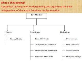What is ER Modeling?
A graphical technique for Understanding and organizing the data
Independent of the actual Database implementation.
 