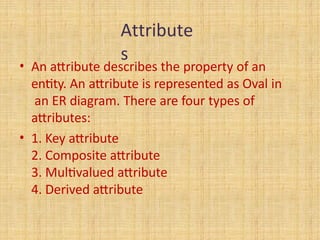 Attribute
s
• An attribute describes the property of an
entity. An attribute is represented as Oval in
an ER diagram. There are four types of
attributes:
• 1. Key attribute
2. Composite attribute
3. Multivalued attribute
4. Derived attribute
 