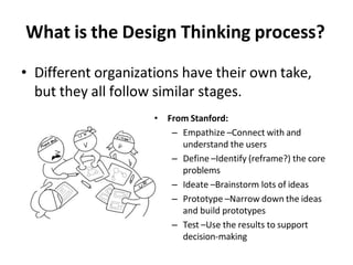 What is the Design Thinking process?
• Different organizations have their own take,
but they all follow similar stages.
• From Stanford:
– Empathize –Connect with and
understand the users
– Define –Identify (reframe?) the core
problems
– Ideate –Brainstorm lots of ideas
– Prototype –Narrow down the ideas
and build prototypes
– Test –Use the results to support
decision-making
 