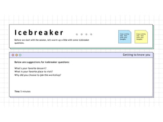 Getting to know you
I c e b r e a k e r
Before we start with the session, let's warm up a little with some icebreaker
questions.
Copy a sticky
note, then
write your
thoughts.
Copy a sticky
note, then
write your
thoughts.
Below are suggestions for icebreaker questions:
What's your favorite dessert?
What is your favorite place to visit?
Why did you choose to join this workshop?
Time: 5 minutes
 