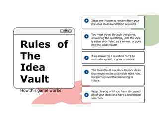 Rules of
The
Idea
Vault
How this game works
Ideas are chosen at random from your
previous Ideas Generation sessions
You must travel through the game,
answering the questions, until the idea
is either shortlisted as a winner, or goes
into the Ideas Vault!
The Ideas Vault is a place to park ideas
that might not be attainable right now,
but perhaps worth considering in
future.
Keep playing until you have discussed
all of your ideas and have a shortlisted
selection.
If an answer to a question can't be
mutually agreed, it goes to a vote.
 