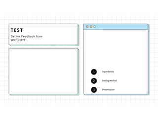 TEST
1
2
3
Ingredients
Baking Method
Presentation
Gather Feedback from
your users
 