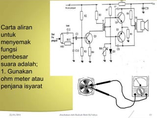 Carta aliran
untuk
menyemak
fungsi
pembesar
suara adalah;
1. Gunakan
ohm meter atau
penjana isyarat
22/01/2011 disediakan oleh Rodzah Binti Hj Yahya 13
 