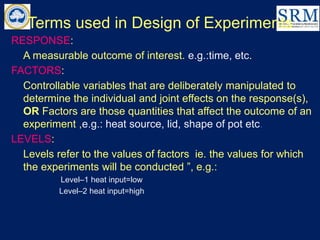 Terms used in Design of Experiments
RESPONSE:
A measurable outcome of interest. e.g.:time, etc.
FACTORS:
Controllable variables that are deliberately manipulated to
determine the individual and joint effects on the response(s),
OR Factors are those quantities that affect the outcome of an
experiment ,e.g.: heat source, lid, shape of pot etc.
LEVELS:
Levels refer to the values of factors ie. the values for which
the experiments will be conducted ”, e.g.:
Level–1 heat input=low
Level–2 heat input=high
 