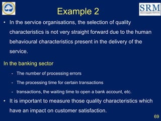 Example 2
69
• In the service organisations, the selection of quality
characteristics is not very straight forward due to the human
behavioural characteristics present in the delivery of the
service.
In the banking sector
- The number of processing errors
- The processing time for certain transactions
- transactions, the waiting time to open a bank account, etc.
• It is important to measure those quality characteristics which
have an impact on customer satisfaction.
 