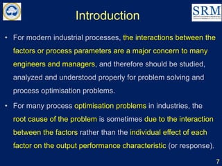 Introduction
7
• For modern industrial processes, the interactions between the
factors or process parameters are a major concern to many
engineers and managers, and therefore should be studied,
analyzed and understood properly for problem solving and
process optimisation problems.
• For many process optimisation problems in industries, the
root cause of the problem is sometimes due to the interaction
between the factors rather than the individual effect of each
factor on the output performance characteristic (or response).
 
