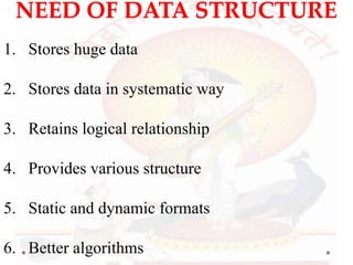 NEED OF DATA STRUCTURE
1. Stores huge data
2. Stores data in systematic way
3. Retains logical relationship
4. Provides various structure
5. Static and dynamic formats
6. Better algorithms
 