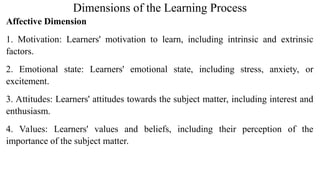 Dimensions of the Learning Process
Affective Dimension
1. Motivation: Learners' motivation to learn, including intrinsic and extrinsic
factors.
2. Emotional state: Learners' emotional state, including stress, anxiety, or
excitement.
3. Attitudes: Learners' attitudes towards the subject matter, including interest and
enthusiasm.
4. Values: Learners' values and beliefs, including their perception of the
importance of the subject matter.
 