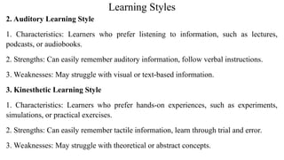 Learning Styles
2. Auditory Learning Style
1. Characteristics: Learners who prefer listening to information, such as lectures,
podcasts, or audiobooks.
2. Strengths: Can easily remember auditory information, follow verbal instructions.
3. Weaknesses: May struggle with visual or text-based information.
3. Kinesthetic Learning Style
1. Characteristics: Learners who prefer hands-on experiences, such as experiments,
simulations, or practical exercises.
2. Strengths: Can easily remember tactile information, learn through trial and error.
3. Weaknesses: May struggle with theoretical or abstract concepts.
 