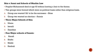 Shia v. Sunni and Schools of Muslim Law
 Prophet Mohammed died at age 63 without leaving a heir to the throne.
 Two groups were formed which were on political basis rather than religious basis.
A. Group one wanted 'Ali' to be the successor - Shias
B. Group two wanted an election – Sunnis
 Three Major Schools of Shia
A. Ithana
B. Ismaili
C. Zayadiya
 Four Major schools of Sunnis:
A. Hanafi
B. Shafei
C. Maliki
D. Hanbali
 
