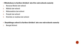  Mitakshara is further divided into five sub-schools namely
1. Banaras Hindu law school
2. Mithila law school
3. Maharashtra law school
4. Punjab law school
5. Dravida or madras law school
 Dayabhaga school is further divided into one sub-schools namely
1. Bengal School
 