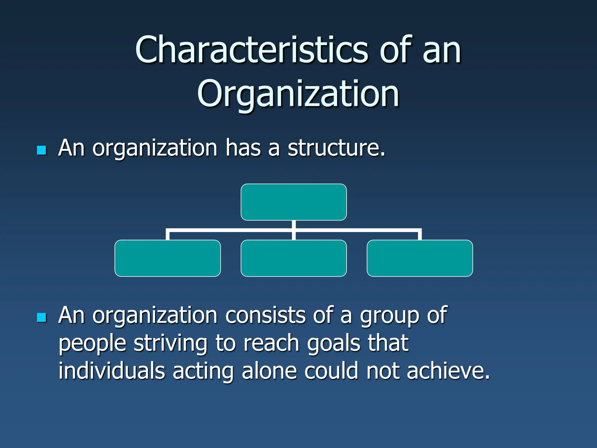 Characteristics of an
Organization
 An organization has a structure.
 An organization consists of a group of
people striving to reach goals that
individuals acting alone could not achieve.
 