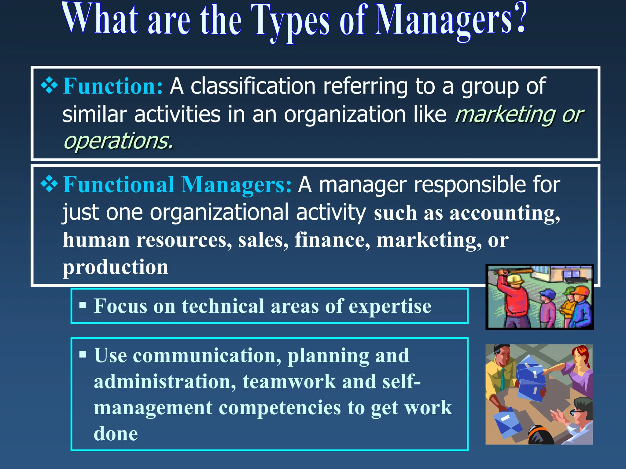 Functional Managers: A manager responsible for
just one organizational activity such as accounting,
human resources, sales, finance, marketing, or
production
 Focus on technical areas of expertise
 Use communication, planning and
administration, teamwork and self-
management competencies to get work
done
Function: A classification referring to a group of
similar activities in an organization like marketing or
operations.
 