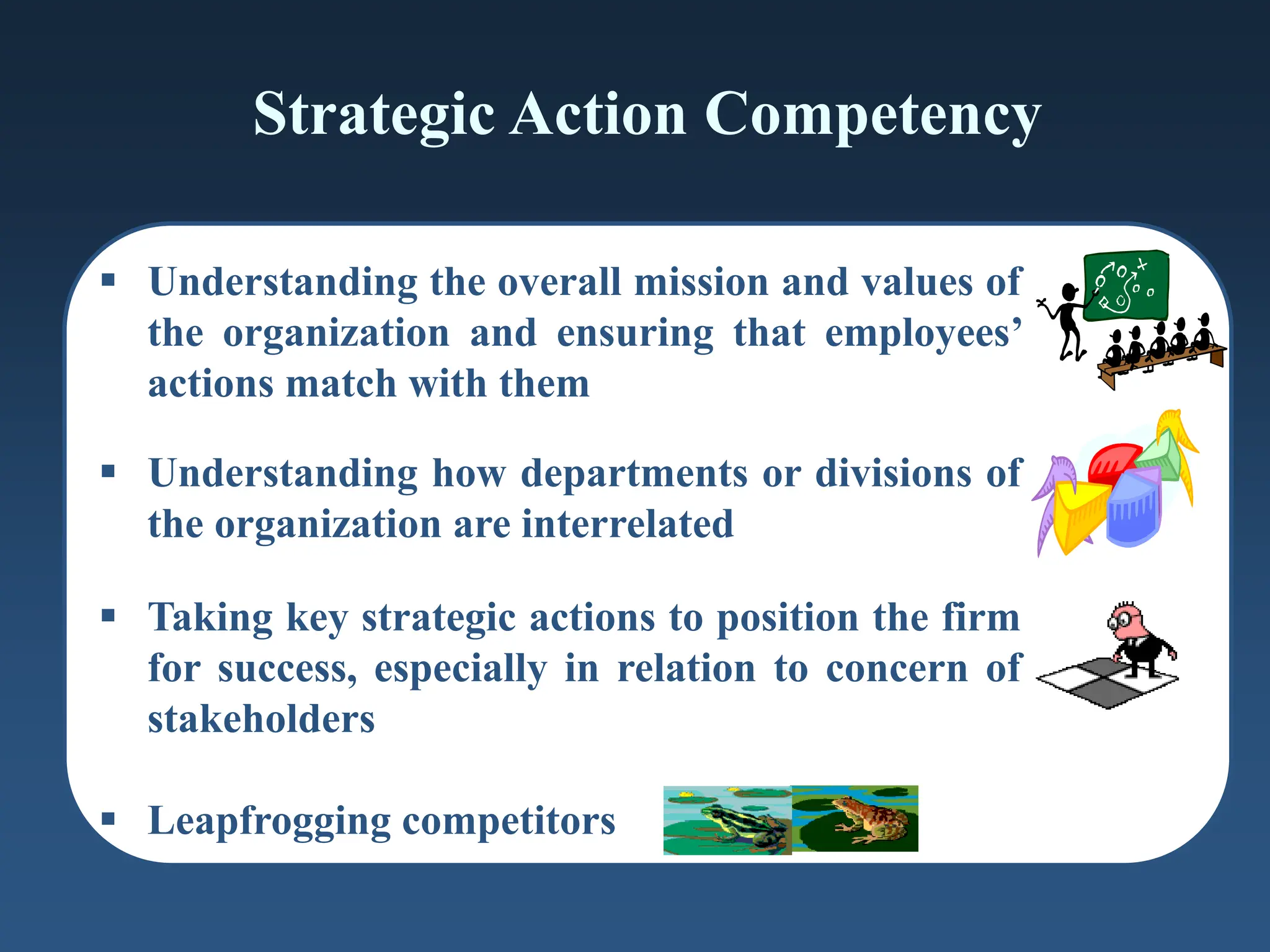 Strategic Action Competency
 Understanding the overall mission and values of
the organization and ensuring that employees’
actions match with them
 Understanding how departments or divisions of
the organization are interrelated
 Taking key strategic actions to position the firm
for success, especially in relation to concern of
stakeholders
 Leapfrogging competitors
 
