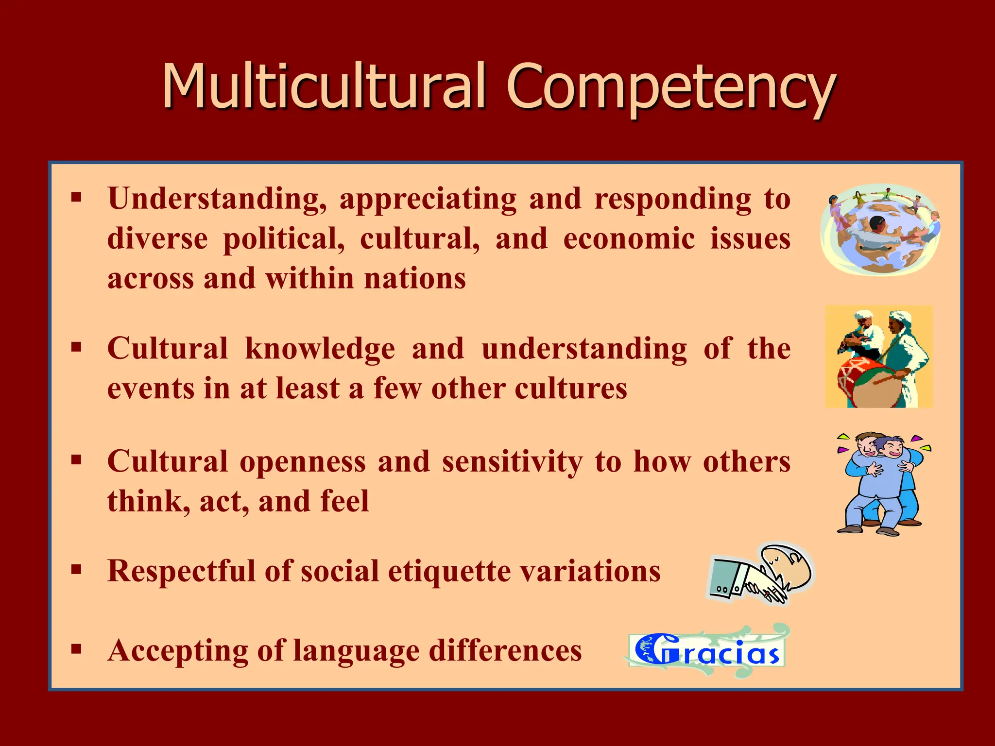  Understanding, appreciating and responding to
diverse political, cultural, and economic issues
across and within nations
 Cultural knowledge and understanding of the
events in at least a few other cultures
 Cultural openness and sensitivity to how others
think, act, and feel
 Respectful of social etiquette variations
 Accepting of language differences
Multicultural Competency
 