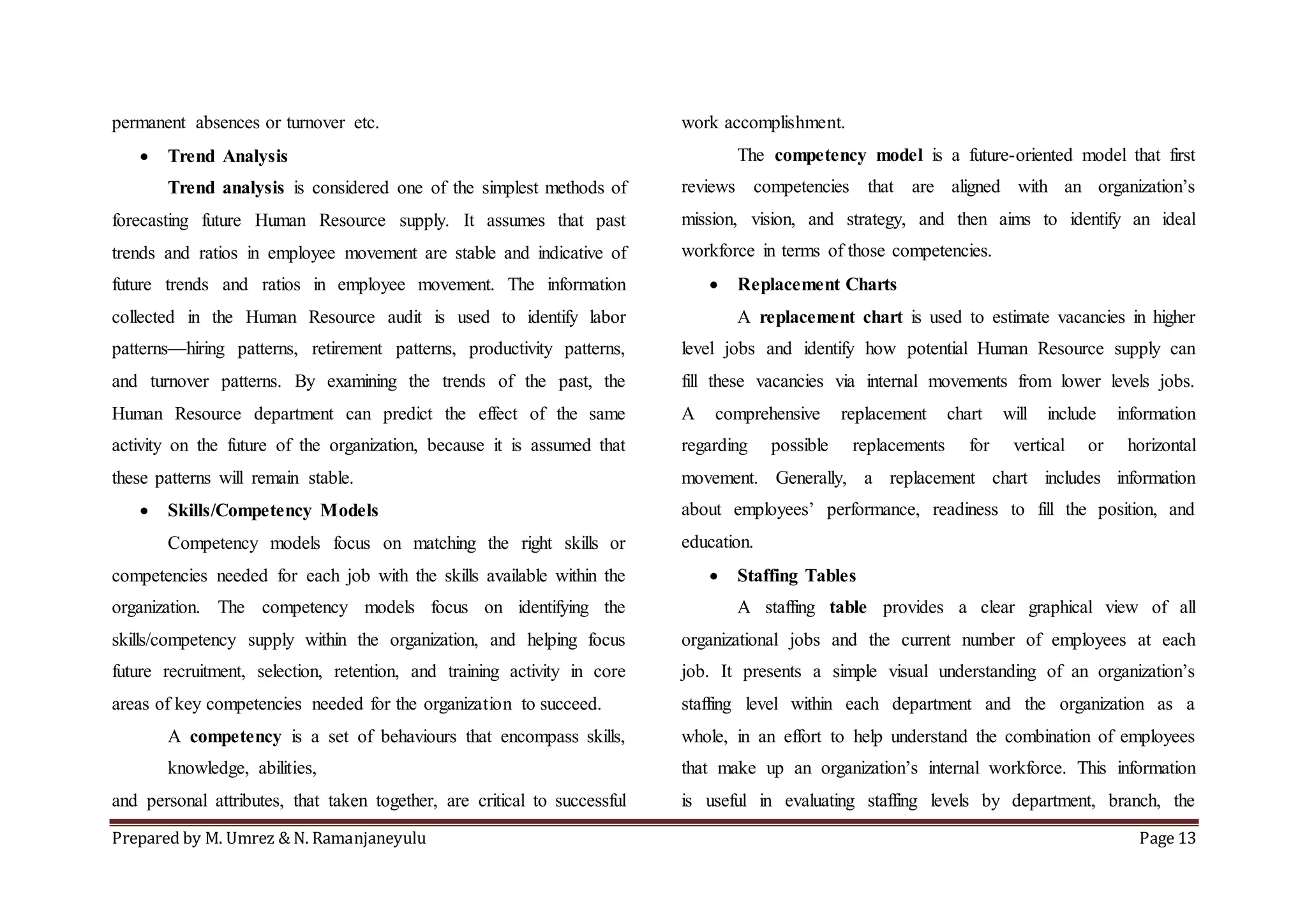 Prepared by M. Umrez & N. Ramanjaneyulu Page 13
permanent absences or turnover etc.
 Trend Analysis
Trend analysis is considered one of the simplest methods of
forecasting future Human Resource supply. It assumes that past
trends and ratios in employee movement are stable and indicative of
future trends and ratios in employee movement. The information
collected in the Human Resource audit is used to identify labor
patterns—hiring patterns, retirement patterns, productivity patterns,
and turnover patterns. By examining the trends of the past, the
Human Resource department can predict the effect of the same
activity on the future of the organization, because it is assumed that
these patterns will remain stable.
 Skills/Competency Models
Competency models focus on matching the right skills or
competencies needed for each job with the skills available within the
organization. The competency models focus on identifying the
skills/competency supply within the organization, and helping focus
future recruitment, selection, retention, and training activity in core
areas of key competencies needed for the organization to succeed.
A competency is a set of behaviours that encompass skills,
knowledge, abilities,
and personal attributes, that taken together, are critical to successful
work accomplishment.
The competency model is a future-oriented model that first
reviews competencies that are aligned with an organization’s
mission, vision, and strategy, and then aims to identify an ideal
workforce in terms of those competencies.
 Replacement Charts
A replacement chart is used to estimate vacancies in higher
level jobs and identify how potential Human Resource supply can
fill these vacancies via internal movements from lower levels jobs.
A comprehensive replacement chart will include information
regarding possible replacements for vertical or horizontal
movement. Generally, a replacement chart includes information
about employees’ performance, readiness to fill the position, and
education.
 Staffing Tables
A staffing table provides a clear graphical view of all
organizational jobs and the current number of employees at each
job. It presents a simple visual understanding of an organization’s
staffing level within each department and the organization as a
whole, in an effort to help understand the combination of employees
that make up an organization’s internal workforce. This information
is useful in evaluating staffing levels by department, branch, the
 