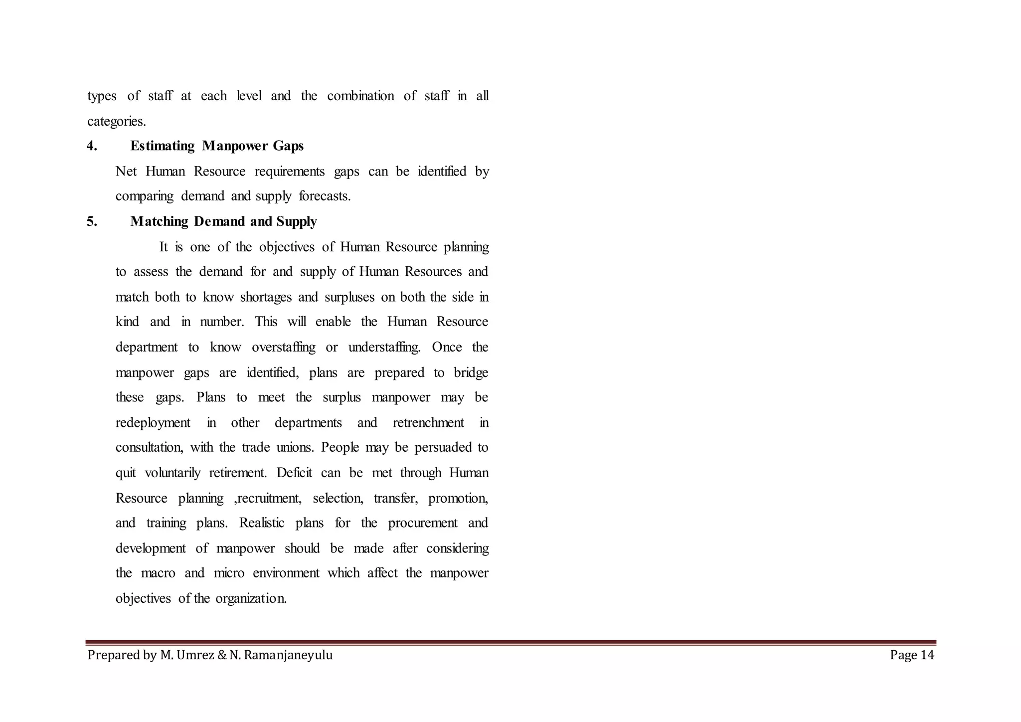 Prepared by M. Umrez & N. Ramanjaneyulu Page 14
types of staff at each level and the combination of staff in all
categories.
4. Estimating Manpower Gaps
Net Human Resource requirements gaps can be identified by
comparing demand and supply forecasts.
5. Matching Demand and Supply
It is one of the objectives of Human Resource planning
to assess the demand for and supply of Human Resources and
match both to know shortages and surpluses on both the side in
kind and in number. This will enable the Human Resource
department to know overstaffing or understaffing. Once the
manpower gaps are identified, plans are prepared to bridge
these gaps. Plans to meet the surplus manpower may be
redeployment in other departments and retrenchment in
consultation, with the trade unions. People may be persuaded to
quit voluntarily retirement. Deficit can be met through Human
Resource planning ,recruitment, selection, transfer, promotion,
and training plans. Realistic plans for the procurement and
development of manpower should be made after considering
the macro and micro environment which affect the manpower
objectives of the organization.
 
