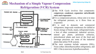 Aditya Engineering College (A)
R&AC Dr. Pritam Kumar Das
Aditya Engineering College (A)
4
 The VCR Cycle involves four components:
compressor, condenser, expansion valve/throttle
valve and evaporator.
 It is a compression process, whose aim is to raise
the refrigerant pressure, as it flows from an
evaporator.
 It is used in domestic and commercial
refrigerators, large-scale warehouses for chilled or
frozen storage of foods, meats, refrigerated trucks,
a host of other commercial, industrial services,
natural gas plants, petroleum refineries,
petrochemical plants and most of the food and
beverage processes are some of the industrial
plants that utilize VCR systems.
 The most common include ammonia (NH3),
Freon (other chlorofluorocarbon refrigerants), and
HFC-134a (a non-toxic hydrofluorocarbon).
Mechanism of a Simple Vapour Compression
Refrigeration (VCR) System
 