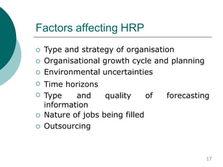 Factors affecting HRP
 Type and strategy of organisation
Organisational growth cycle and planning
Environmental uncertainties
Time horizons



 Type and quality of forecasting
information
 Nature of jobs being filled
Outsourcing

17
 