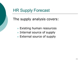 HR Supply Forecast
The supply analysis covers:
 Existing human resources
 Internal source of supply
 External source of supply
21
 