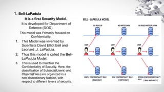 1. Bell-LaPadula
It is a first Security Model.
It is developed for Department of
Defence (DOD).
This model was Primarily focused on
Confidentiality.
1. This Model was invented by
Scientists David Elliot Bell and
Leonard .J. LaPadula.
2. Thus this model is called the Bell-
LaPadula Model.
3. This is used to maintain the
Confidentiality of Security. Here, the
classification of Subjects(Users) and
Objects(Files) are organized in a
non-discretionary fashion, with
respect to different layers of security.
 