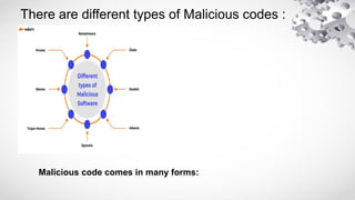 There are different types of Malicious codes :
Malicious code comes in many forms:
 