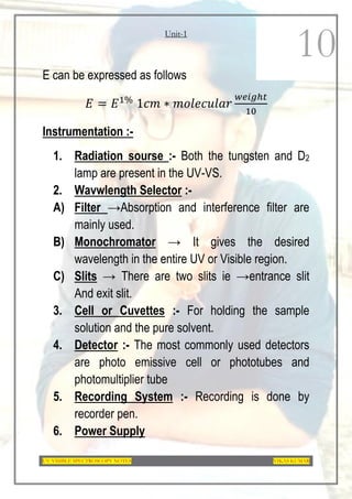 Unit-1
UV-VISIBLE SPECTROSCOPY NOTES VIKAS KUMAR
10
E can be expressed as follows
𝐸 = 𝐸1%
1𝑐𝑚 ∗ 𝑚𝑜𝑙𝑒𝑐𝑢𝑙𝑎𝑟
𝑤𝑒𝑖𝑔ℎ𝑡
10
Instrumentation :-
1. Radiation sourse :- Both the tungsten and D2
lamp are present in the UV-VS.
2. Wavwlength Selector :-
A) Filter →Absorption and interference filter are
mainly used.
B) Monochromator → It gives the desired
wavelength in the entire UV or Visible region.
C) Slits → There are two slits ie →entrance slit
And exit slit.
3. Cell or Cuvettes :- For holding the sample
solution and the pure solvent.
4. Detector :- The most commonly used detectors
are photo emissive cell or phototubes and
photomultiplier tube
5. Recording System :- Recording is done by
recorder pen.
6. Power Supply
 