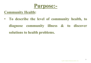 Community Health:
• To describe the level of community health, to
diagnose community illness & to discover
solutions to health problems.
by Mr. Sachin Sharma (M.Sc. N.)
39
Purpose:-
 