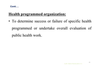 Conti….
Health programmed organization:
• To determine success or failure of specific health
programmed or undertake overall evaluation of
public health work.
by Mr. Sachin Sharma (M.Sc. N.)
41
 