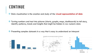 CONTINUE
❖ Data visualization is the creation and study of the visual representation of data
❖ Turning numbers and text into pictures (charts, graphs, maps, dashboards) to tell story,
identify patterns, trends and insights that might be hidden in raw numeric data
❖ Presenting complex datasets in a way that is easy to understand an interpret
DIPESH KOIRALA 11
 