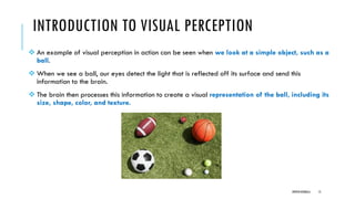 INTRODUCTION TO VISUAL PERCEPTION
❖ An example of visual perception in action can be seen when we look at a simple object, such as a
ball.
❖ When we see a ball, our eyes detect the light that is reflected off its surface and send this
information to the brain.
❖ The brain then processes this information to create a visual representation of the ball, including its
size, shape, color, and texture.
DIPESH KOIRALA 15
 