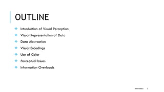 OUTLINE
❖ Introduction of Visual Perception
❖ Visual Representation of Data
❖ Data Abstraction
❖ Visual Encodings
❖ Use of Color
❖ Perceptual Issues
❖ Information Overloads
DIPESH KOIRALA 2
 