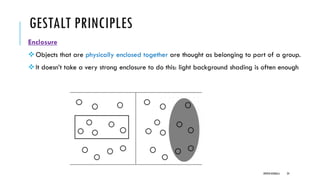 GESTALT PRINCIPLES
Enclosure
❖Objects that are physically enclosed together are thought as belonging to part of a group.
❖It doesn’t take a very strong enclosure to do this: light background shading is often enough
DIPESH KOIRALA 24
 