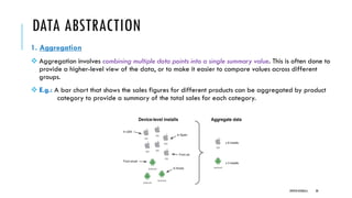 DATA ABSTRACTION
1. Aggregation
❖ Aggregation involves combining multiple data points into a single summary value. This is often done to
provide a higher-level view of the data, or to make it easier to compare values across different
groups.
❖ E.g.: A bar chart that shows the sales figures for different products can be aggregated by product
category to provide a summary of the total sales for each category.
DIPESH KOIRALA 38
 