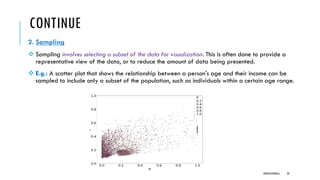 CONTINUE
2. Sampling
❖ Sampling involves selecting a subset of the data for visualization. This is often done to provide a
representative view of the data, or to reduce the amount of data being presented.
❖ E.g.: A scatter plot that shows the relationship between a person's age and their income can be
sampled to include only a subset of the population, such as individuals within a certain age range.
DIPESH KOIRALA 39
 