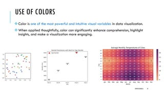 USE OF COLORS
❖ Color is one of the most powerful and intuitive visual variables in data visualization.
❖ When applied thoughtfully, color can significantly enhance comprehension, highlight
insights, and make a visualization more engaging.
DIPESH KOIRALA 47
 