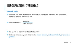 INFORMATION OVERLOAD
Data-ink Ratio
❖Data-ink: This is the essential ink that directly represents the data. If it is removed,
information about the data is lost.
❖Data-ink Ratio =
❖The goal is to maximize the data-ink ratio
❖Eliminate unnecessary non-data-ink like heavy borders, redundant labels, or excessive
grid lines
DIPESH KOIRALA 60
Data-ink
Total ink used
 