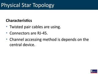 Physical Star Topology
Characteristics
• Twisted pair cables are using.
• Connectors are RJ-45.
• Channel accessing method is depends on the
central device.
 