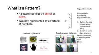 What is a Pattern?
• A pattern could be an object or
event.
• Typically, represented by a vector x
of numbers.
4
biometric...