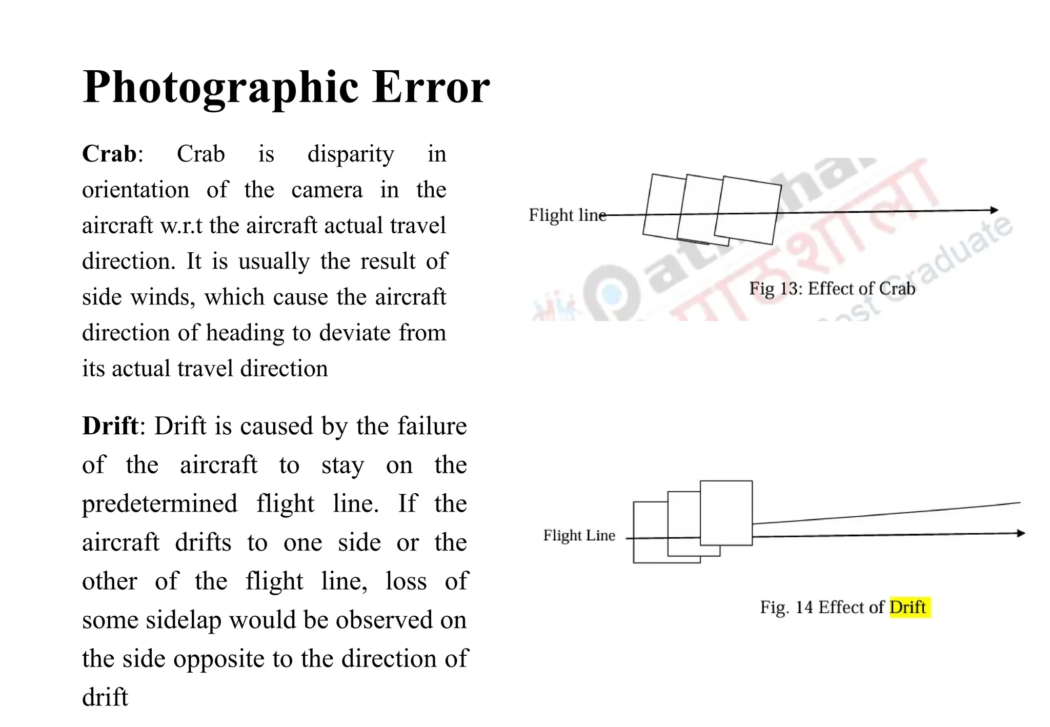 Photographic Error
Crab: Crab is disparity in
orientation of the camera in the
aircraft w.r.t the aircraft actual travel
direction. It is usually the result of
side winds, which cause the aircraft
direction of heading to deviate from
its actual travel direction
Drift: Drift is caused by the failure
of the aircraft to stay on the
predetermined flight line. If the
aircraft drifts to one side or the
other of the flight line, loss of
some sidelap would be observed on
the side opposite to the direction of
drift
 