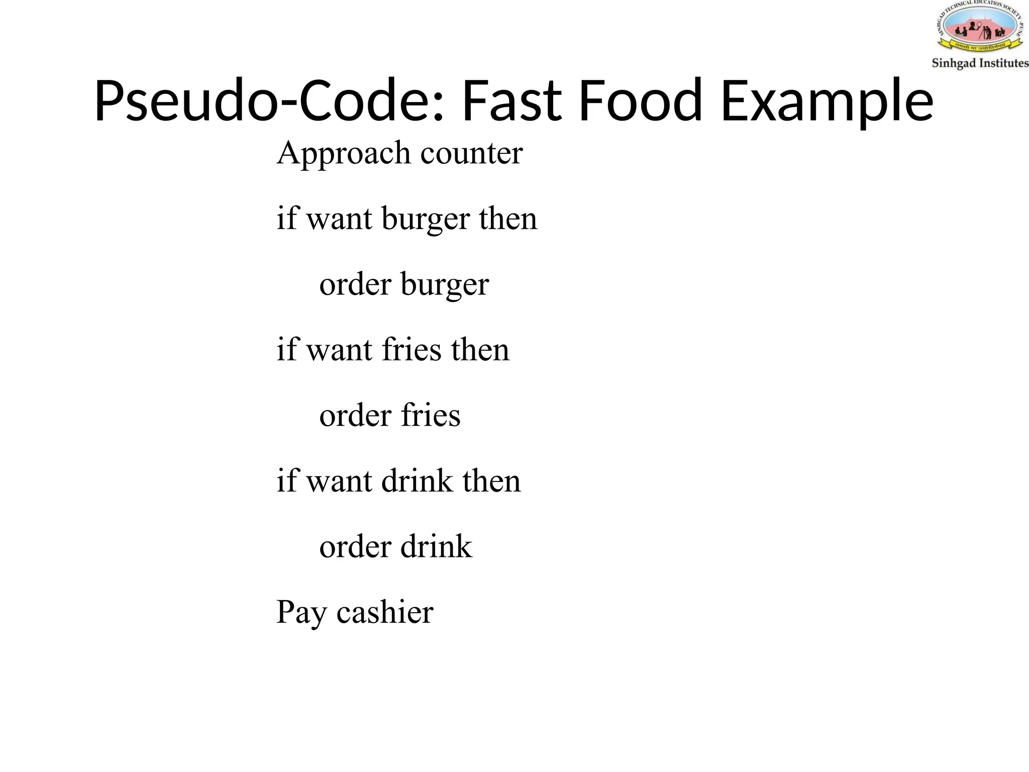 Pseudo-Code: Fast Food Example
Approach counter
if want burger then
order burger
if want fries then
order fries
if want drink then
order drink
Pay cashier
 