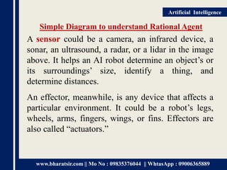 www.bharatsir.com || Mo No : 09835376044 || WhtasApp : 09006365889
Artificial Intelligence
Simple Diagram to understand Rational Agent
A sensor could be a camera, an infrared device, a
sonar, an ultrasound, a radar, or a lidar in the image
above. It helps an AI robot determine an object’s or
its surroundings’ size, identify a thing, and
determine distances.
An effector, meanwhile, is any device that affects a
particular environment. It could be a robot’s legs,
wheels, arms, fingers, wings, or fins. Effectors are
also called “actuators.”
 