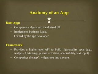 
Anatomy of an App
Dart App:
– Composes widgets into the desired UI.
– Implements business logic.
– Owned by the app developer.
Framework:
– Provides a higher-level API to build high-quality apps (e.g.,
widgets, hit-testing, gesture detection, accessibility, text input).
– Composites the app’s widget tree into a scene.
 