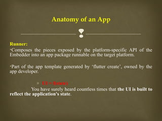 
Anatomy of an App
Runner:
•Composes the pieces exposed by the platform-specific API of the
Embedder into an app package runnable on the target platform.
•Part of the app template generated by ‘flutter create’, owned by the
app developer.
» UI = f(state)
You have surely heard countless times that the UI is built to
reflect the application's state.
 