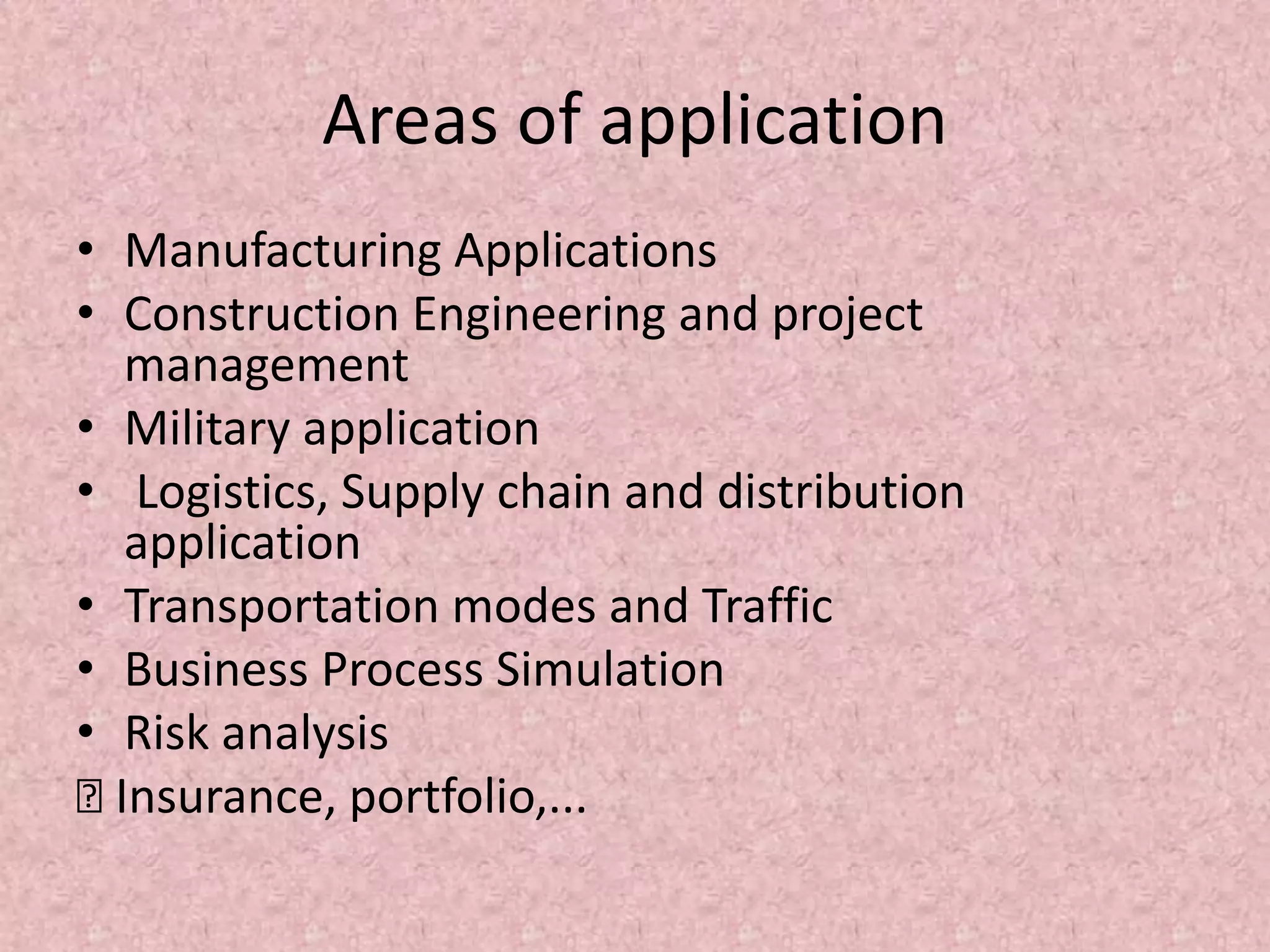 Areas of application
• Manufacturing Applications
• Construction Engineering and project
management
• Military application
• Logistics, Supply chain and distribution
application
• Transportation modes and Traffic
• Business Process Simulation
• Risk analysis
… Insurance, portfolio,...
 