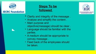 Steps To be
followed
 Clarity and integrity of the message .
• Analyse and simplify the content .
• Main purpose and
objective(message) should be clear .
• Language should be familiar with the
parties.
• A medium should be appropriate to
convey message .
• Feed back of the employees should
be taken.
 