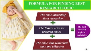 FORMULA FOR FINDING BEST
RESEARCH TOPIC
The topic interesting
for a researcher
The topic with achievable
aims and objectives
The Future oriented
research topics
The best
research
topic in
pediatrics
8
 